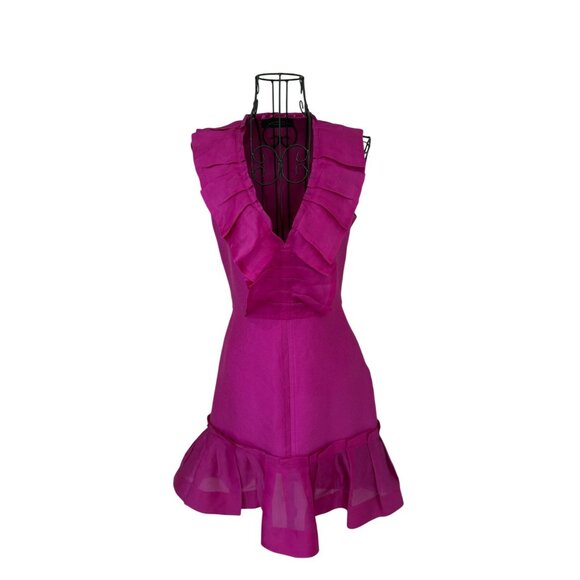 Carolina Herrera Dresses & Skirts - Carolina Herrera Fuchsia Silk Dress Size 4 Ruffle V Neck Missing Belt Sleeveless